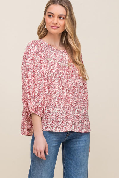 floral print round neck lace inset blouse top