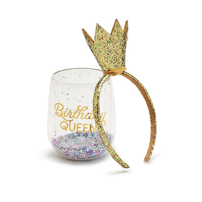 birthday queen glitter stemless wine glass crown headband set