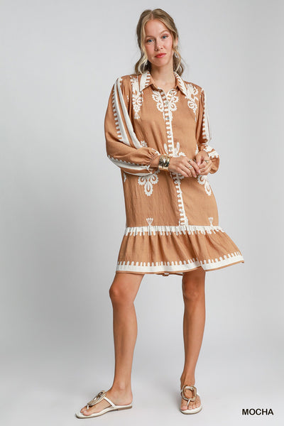 umgee Border Print Tiered Hem Dress