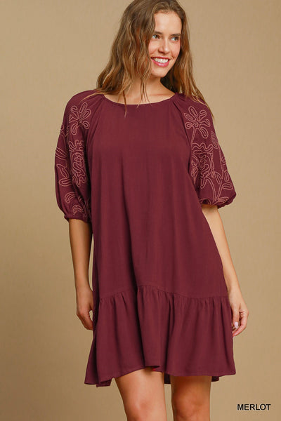 Umgee Linen Blend Embroidered Mini Dress