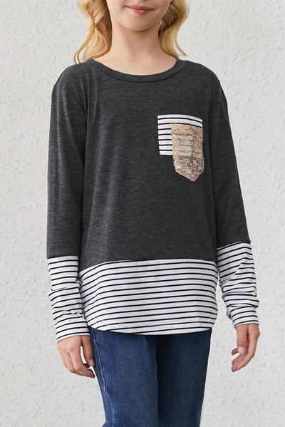 youth girls striped color block sequin pocket top