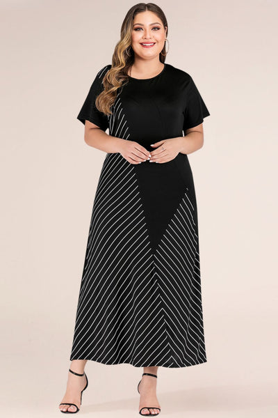 plus size striped color block t shirt maxi dress black