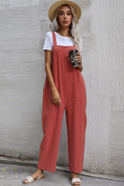wide leg overalls with front pockets coral
