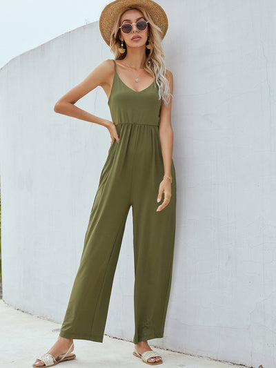 adjustable spaghetti strap jumpsuit with pockets army green