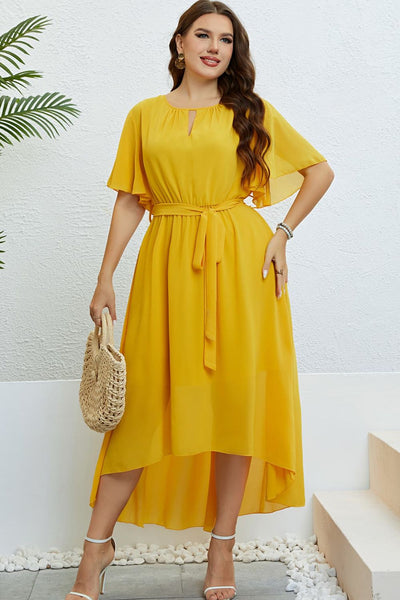 plus size belted high low midi dress yellow