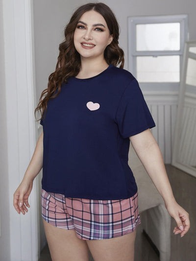 plus size heart top and plaid shorts loungewear set