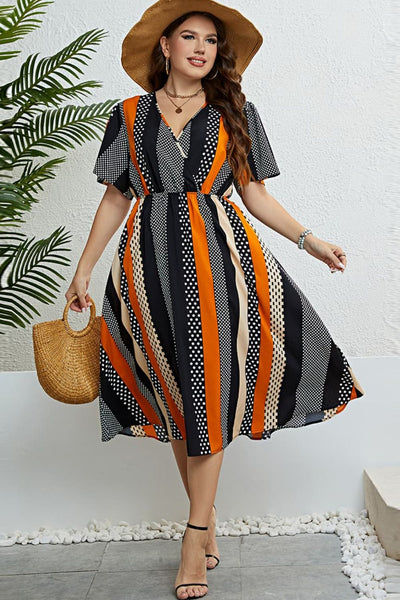 plus size mixed print striped midi dress
