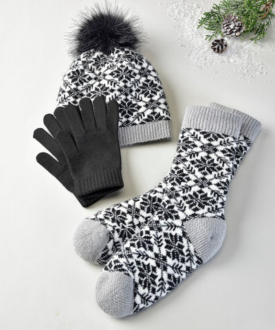 black white winter hat sock glove set