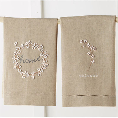 cotton french knot tea towel mud pie wreath home welcome floral