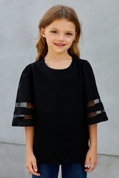 youth girls sheer striped flare sleeve t-shirt top black