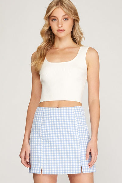she + sky gingham mini skirt front slit detail