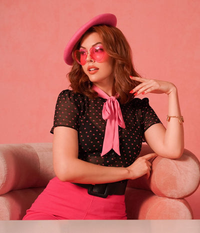 unique vintage elsie top blouse black and pink hearts