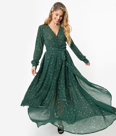 unique vintage farrah maxi dress green and silver stars
