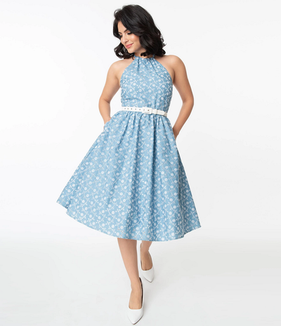 unique vintage lombard swing dress chambray eyelet lace
