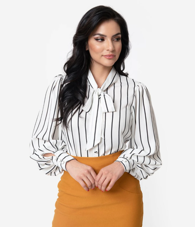 unique vintage neck tie gwen blouse white black stripes